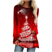 EGMY Women dugih rukava cvjetne majice Čvrsto pulover Labavi tunik vrhovi božićno drvce Ispiši okrugli