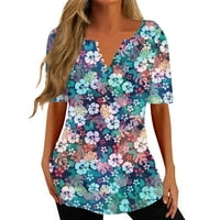 Ljetne košulje za žene Print V izrez kratkih rukava na vrhu cvjetnog tiskanog gumba za bluzu