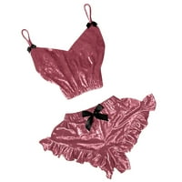 Žene V-izrez baršunasto seksi mrlja Camisole Pajamas Bowknot Hotcres Set, Pink