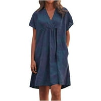 Ljetne haljine za žene Čvrsti V-izrez A-Line Casual Haljina kratkih rukava Navy 2xl