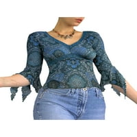 Mioliknya Women Retro Style pulover plamene rukave cvjetni ispis čipke V-izrez vrhovi