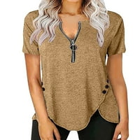 Eleluny Women V izrez Zip majica kratki rukav labav tops casual bluza plus veličine Khaki 2xl