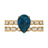 Žene 2. CT London Blue Topaz i dijamantni set prstena, dizajner set prstena za slaganje, 14k žuto zlato,