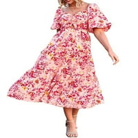 Aturuste ženska ljetna casual haljina za plažu s kratkim rukavima cvjetna tiskana duga haljina ruched