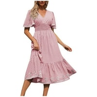 Ljetne haljine za žene Čvrsta koljena duljina A-line kratkih rukava Ležerna V-izrez Ružičasta m