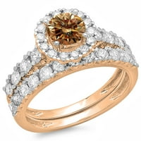 2. Carat 14K Rose Gold Round Cut Champagne i Bijeli dijamantski ženski zaručni prsten za halo stil s
