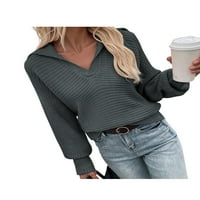 Kiapeise Womens V-izrez Plint džemper Ležerne prilike labave dukseve pulover dugih rukava