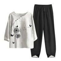 Ženske odjeće Ljetne pamučne i posteljine setovi tiskani kratki rukav okrugli vrat obrezane gornje široke pantalone za pantalone