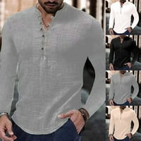 Muški povremeni majica s dugim rukavima pamučna posteljina bluza labava vrhova T majice Khaki s