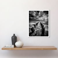PIER ruševina crno-bijela dramatična obalna fotografija umjetnost Ispis uokvireni poster zidni dekor