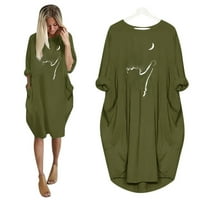 Haljine za žene plus veličine ženski džepni posad izrez s dugim rukavima Grafički printira srednji duljina labava haljina vojska zelena 3xl