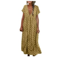Ležerne haljine za žene tiskane sunčane haljine V-izrez Srednja dužina kratkih rukava žuta 2xl