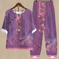 Ženske plus veličine pamučne posteljine vintage cvjetni ispise setovi Dressy casual vrhovi sa crtežom Capris pant TrackSit set outfit okrugli vrat kratkih rukava Outfit Purple XXL