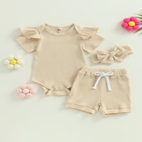 Newborn Baby Girl Ljetna odjeća Solidna boja kratki rukav ruffle rebrasti rub Elastični kratke hlače