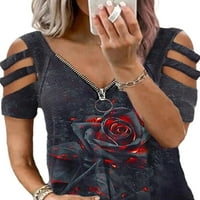 Ženski sa zatvaračem s kratkim rukavima od tiskani izdubljeni vrhovi seksi duboki V izrez Flowy t majica bluze plus veličina