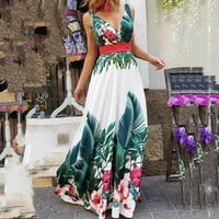 Puawkoer modne žene ljeto V-izrez bez rukava sakupljajući struk boemski print maxi haljina ženskih vrhova