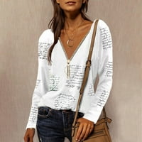 Žene Zip up Ispis Ležerne prilike T majice V Fall Plus veličina Bluza s dugim rukavima bijela 4xl