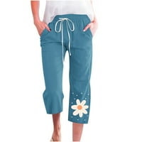 Posteljine Hlače Žene Ljeto Capris cvjetne široke pantalone za noge džepove Cinch donji pantalona svijetlo