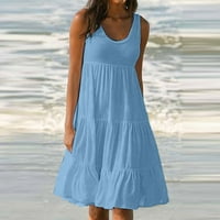 Ženski ljetni bez rukava okrugli vrat Čvrsta boja u boji Big Swing Beach haljina plava XL