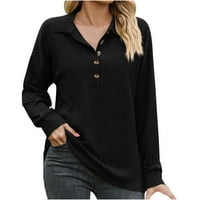 EFSTEB Fall Ženska odjeća Dugi rukavi Dugi rukavi Mekani puni u boji Crewneck Buttonsed Majice Leisure Udobna modna labava pulover Black XL