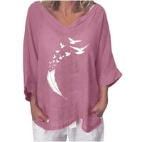 Safuny ženske pamučne posteljine fit košulje pero ispis pulover Trendne majice padajući rukav V izrez Elegantne casual comfy ružičasti m