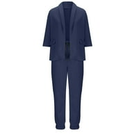 YieVot Womens Postavi odjeća Poslovni rad Čišćenje Ženska casual rešetka Solid Suit duge rukave Blazer + duge hlače setovi mornarice M