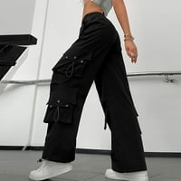 Teretne hlače za opuštene fit baggy odjeće hlače visoki struk patentni struk s tamnim strukom sa džepovima