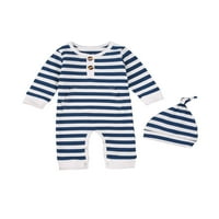 Dojenčad dvodijelni set odjeće, bebe prugasti otisnuti uzorak sa okruglim krakovnim kombinezon + kapa, smeđa plava siva