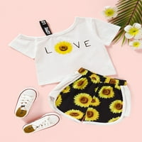 Bear Toddler Djevojke Outfits 4T Djevojke za dijete Ljetne odjeće 5t Djevojke za dijete Slatki suncokret Ispis Jednorodna majica + kratke hlače Bijela