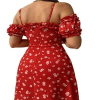 Suanret ljetne haljine za žene izvan ramena frill haljina za suspenziju kratki rukav V-izrez Split Floarl