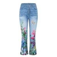 Ženski bell dno Stretchy traperice cvjetni tiskani visoko struk bljesak Jean traper mršava hlače bootcut pantalone
