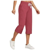 Yuwull Ljeto Capri hlače za žene, žensko pamučno posteljino dugme obrezane hlače visoke strukske vučne