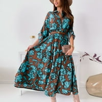 Symoid Maxi haljina za žene - modne tipke zavoj casual tiskane haljine V izrez dugih rukava Blue XL