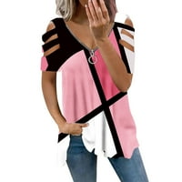 USMIXI ženske košulje V-izrez kratko rukav geometrijski print ljeto slatka vrhova modna četvrt zip hladnog ramena Strappy Tunic bluze ružičasti XL klirens ispod $ 5