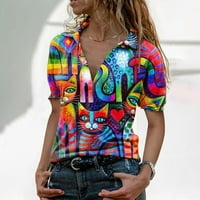 Lyylayray bluza za žene Ženski retro Print kratki rukav Zip V-izrez casual pulover multicolor m
