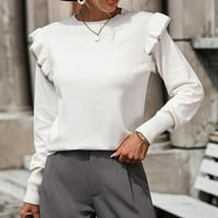 GUZOM Womens Duksete - pletena posada izrez pulover dugih rukava modna labava rufšana jesena odjeća bijela veličina l