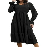 Prednjeg swwalk dame haljina V izrez midi haljine pune boje radovi pahulje s dugim rukavima crni xl