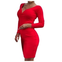 Lroplie ženske casual haljine od pune boje dugih rukava s dugim rukavima V izrez haljina za žene crvena xxl