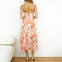 Ženska dugačka haljina V izrez bez rukava cvjetni ispis Strapy haljina vješala ljetna narančasta m
