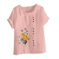 Elegantna cvjetna bluza mekani lukani tunički posteljina vrhova Crewneck kratki rukav majica Chic Casual