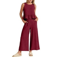 Ženske ljetne odjeće posteljina postavlja ruffles rezervoar bez rukava ubodne i široke hlače za noge sa džepovima
