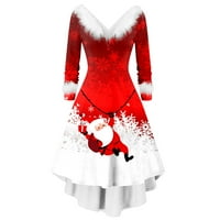 Letmjia Ljetne haljine za žene Žene Dugi rukav Božićni ispisani krzneni V-izrez Izvuci leđa Swing Party haljina
