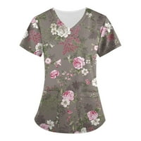 Ženski bluze Ženska modna radna odjeća s kratkim rukavima V-izrez s džepovima ispisanim vrhovima sive