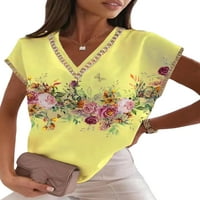 Luxplum dame majica cvjetni print majica V izrez ljetni vrhovi labav tee radna tunika bluza žuta l