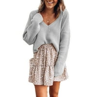 Anuirheih pleteni džemperi za žene labavi fit solid casual duge rukave s dugim rukavima V-izrezni pulover