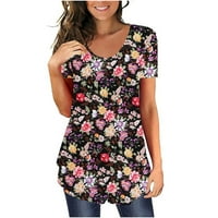 Ženski bluze s kratkim rukavima cvjetna bluza casual ženska modna okrugla izrez TEE crni l