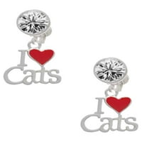 Silvertone I Volim mačke sa crvenim srcem Clear Crystal Clip na minđušama