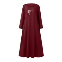 Bezolor pamučna posteljina haljina za žene Crewneck tiskani s dugim rukavima Ležerni labavi kasuta dugačka haljina s džepovima