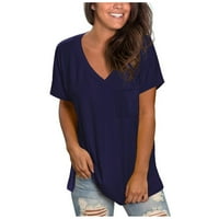 Beppter Ženske majice Casual Comfort V-izrez Čvrsti džep u boji Labavi fit kratki rukav majica Navy Blue, S