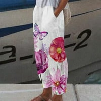 Pamučne posteljine široke noge Capris hlače za žene cvjetni print casual cofy harem hlače elastične